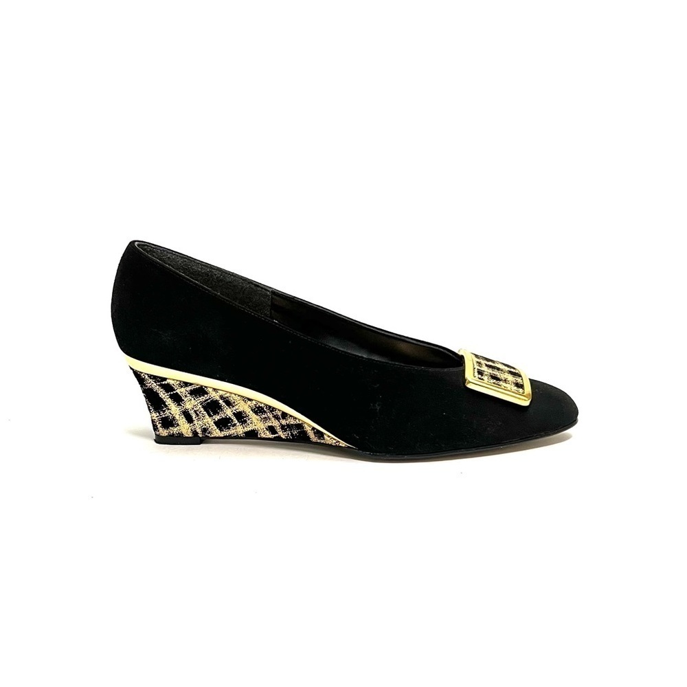 Vintage 1970s black suede oversize buckle gold painted wedge heels